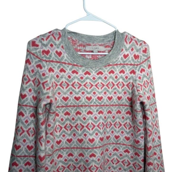 Loft Sweater Women's XS Gray Pink Hear Balloon Sleeve Pullover Crew Neck - Picture 2 of 11